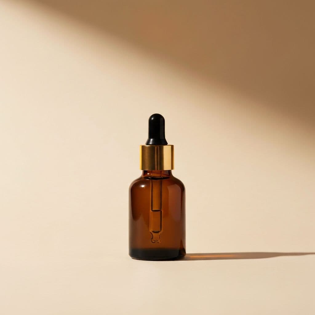 Amber glass bottle of treatment oil on a neutral background