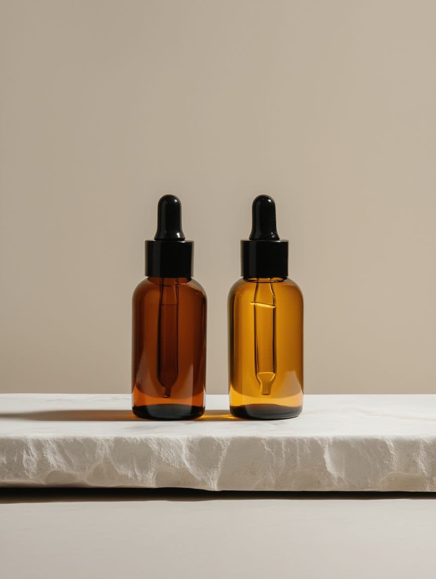 Amber dropper bottles of treatment serum on a neutral background